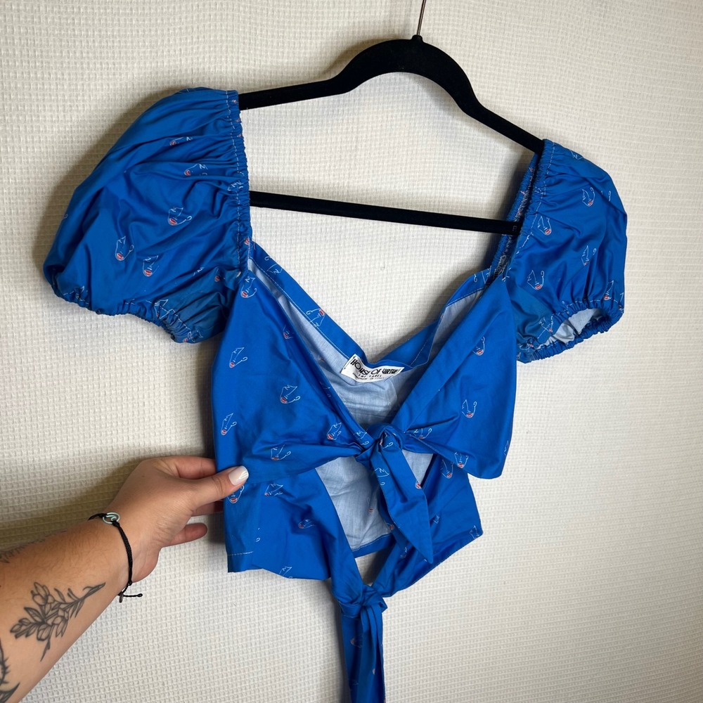 House of Virthe Blue Face Print Tie Front Puff Sleeve Crop Top Handmade in Italy